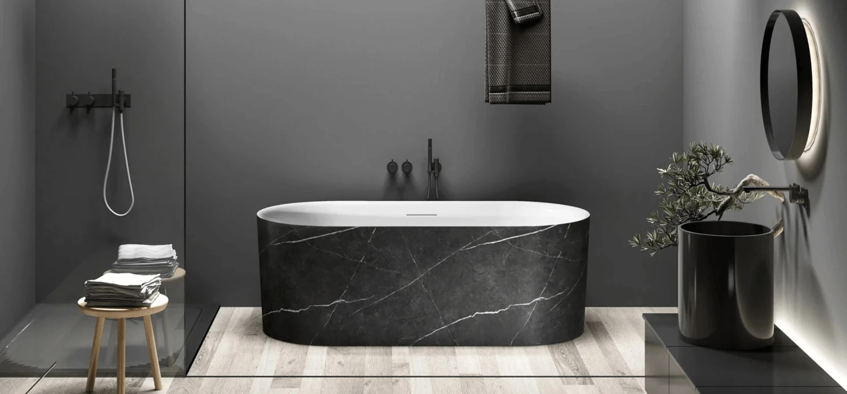 A freestanding bathtub in a contemporary bathroom